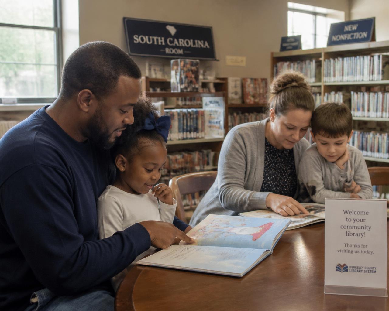 An African American father and daughter and a Caucasian mother and son reading picture books together at a community library table.