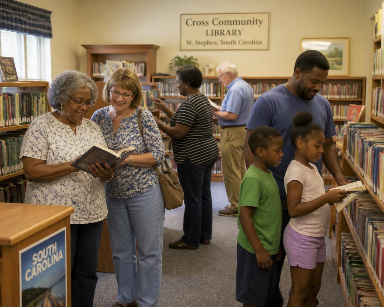 African American and Caucasian adults and children browsing bookshelves together inside a small community library.